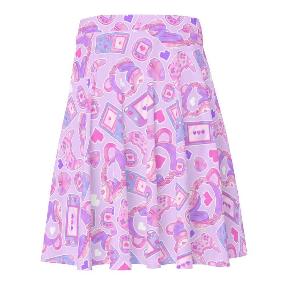 Gamer Girl Skater Skirt featuring vibrant 8-bit hearts and pastel gaming gear, perfect for any gamer’s wardrobe.