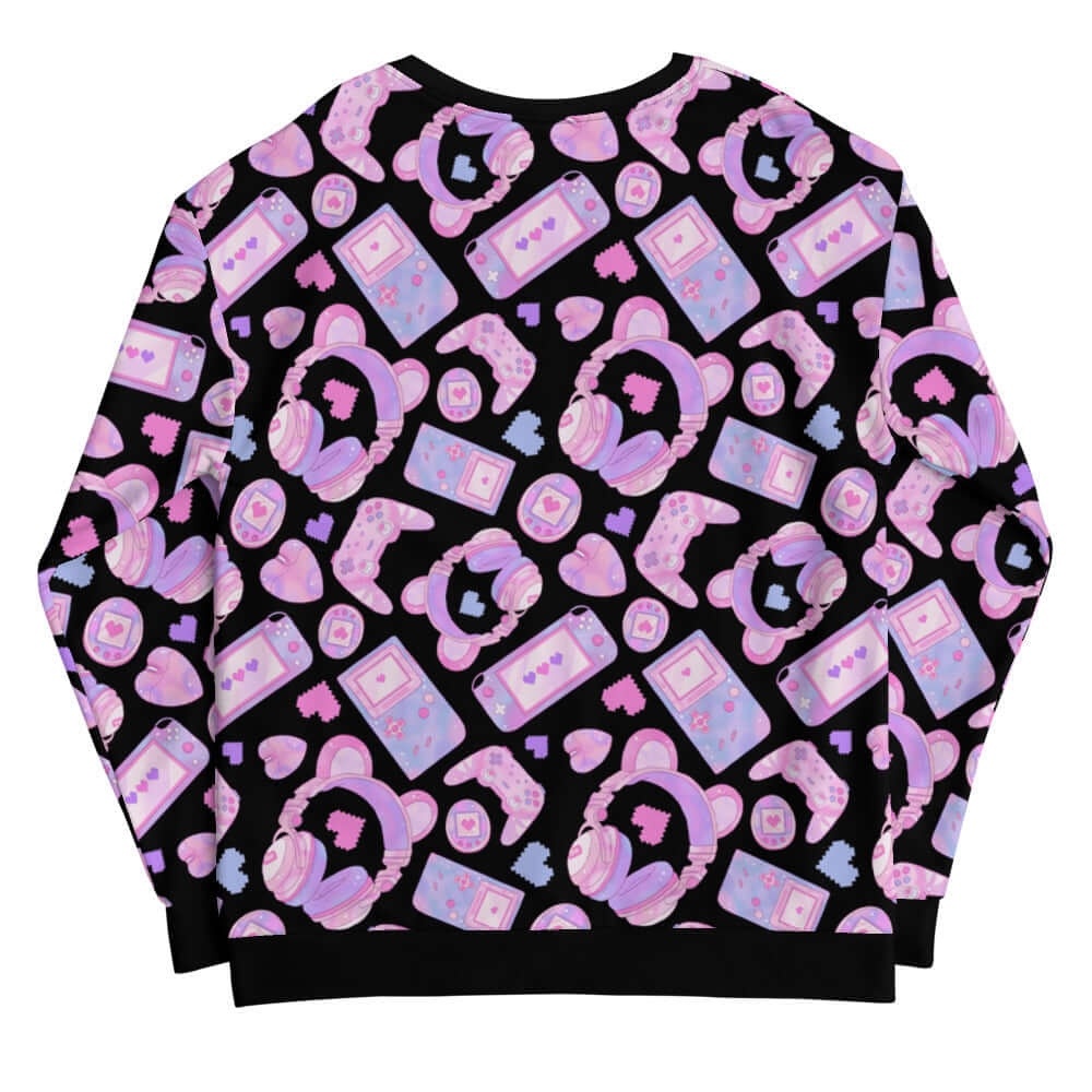 Gamer Girl Sweatshirt featuring cute 8-bit hearts and pastel gaming gear, perfect for gaming enthusiasts.
