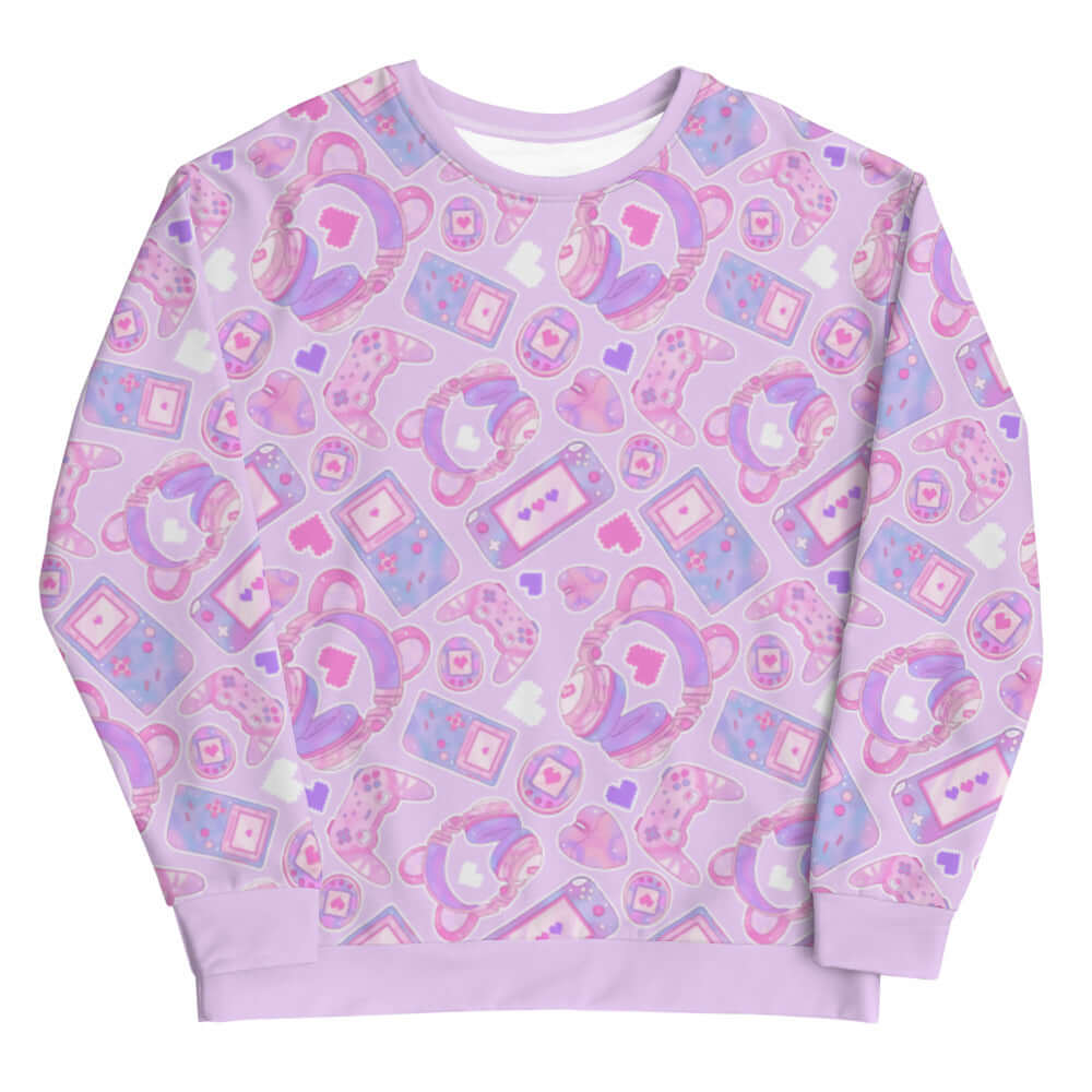 Gamer Girl Sweatshirt featuring pastel consoles and 8-bit hearts, perfect for stylish gamers. Soft and cozy fabric!