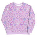 Gamer Girl Sweatshirt featuring pastel consoles and 8-bit hearts, perfect for stylish gamers. Soft and cozy fabric!
