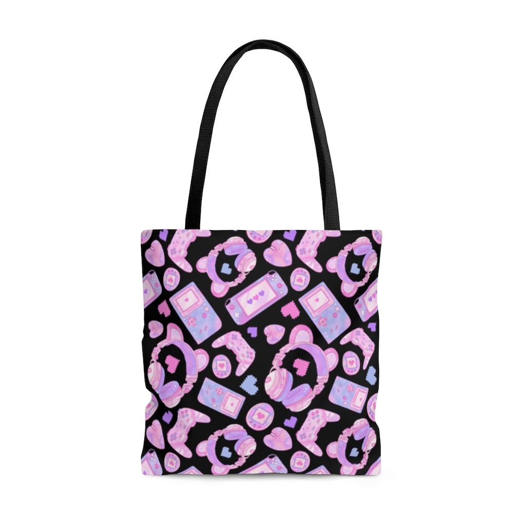 Stylish Gamer Girl Tote Bag (Black) features a playful design, perfect for carrying your gaming essentials securely.