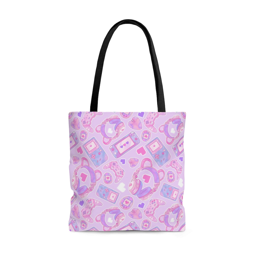 Kawaii Gamer Girl Tote Bag (Pink) featuring playful gaming designs, perfect for carrying your gear in style.