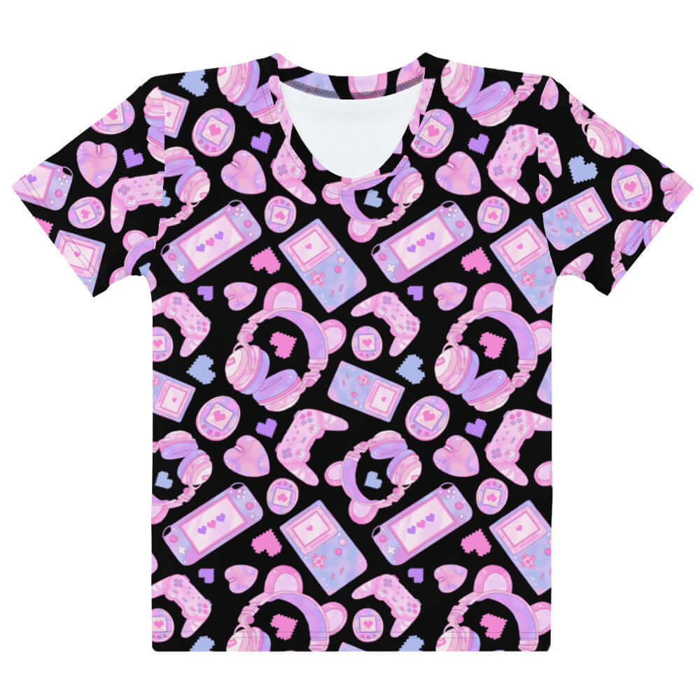 Stylish Gamer Girl T-shirt features a playful pattern of gaming icons, perfect for cute and nerdy fashion lovers.