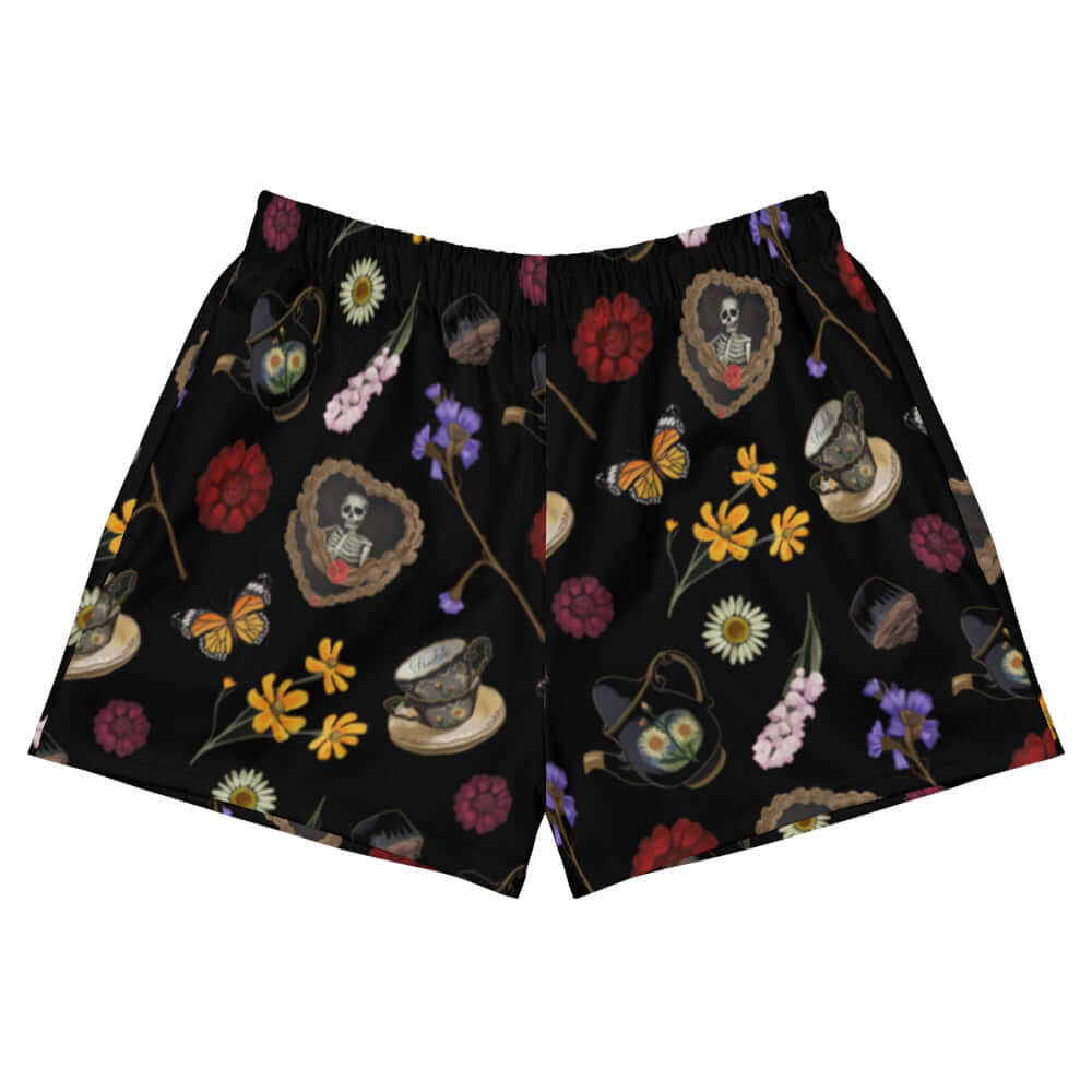 Gothic Tea Time Athletic Short Shorts feature a vibrant floral and skull design for stylish comfort in any weather.