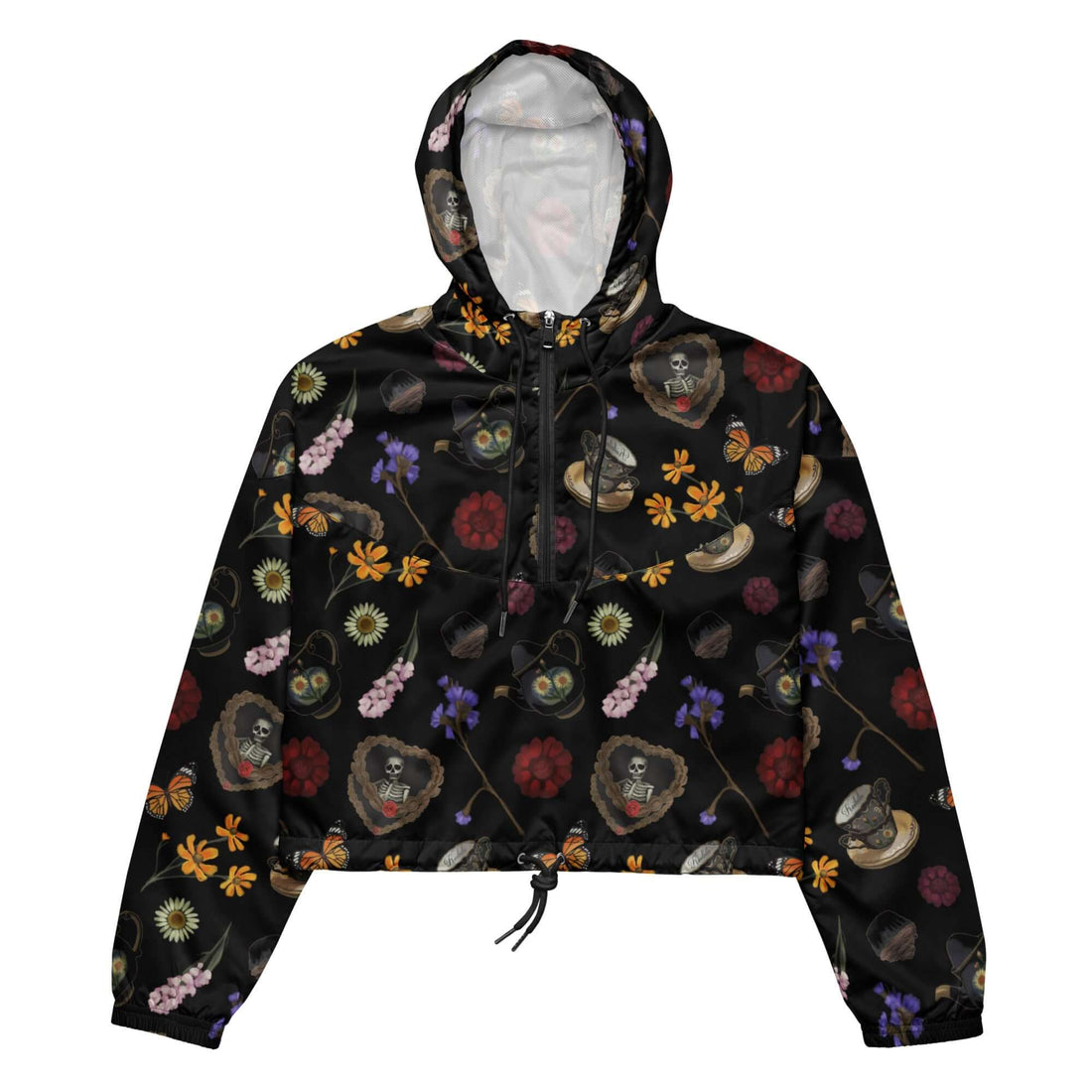 Lightweight Gothic Tea Time cropped windbreaker with vibrant floral design, perfect for adventures in any weather.