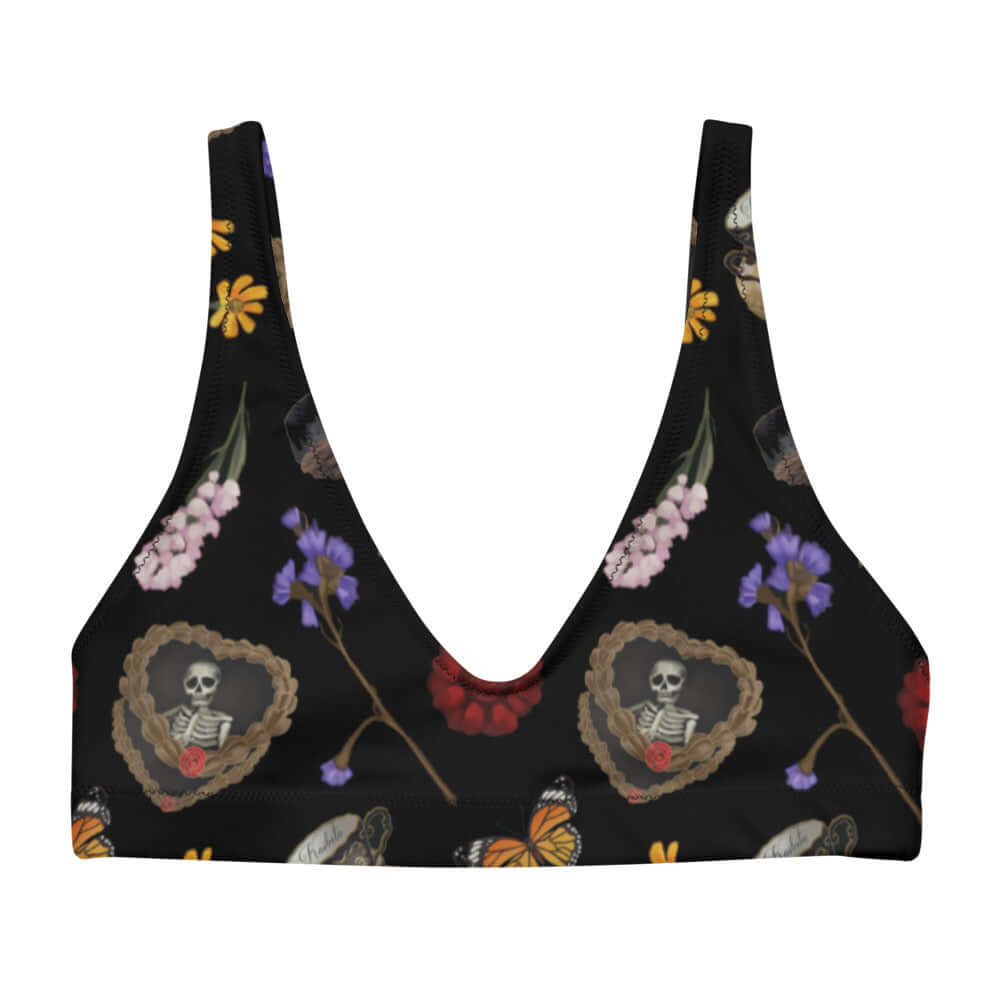 Gothic Tea Time Padded Bikini Top features a dark floral design, perfect for a stylish beach day.