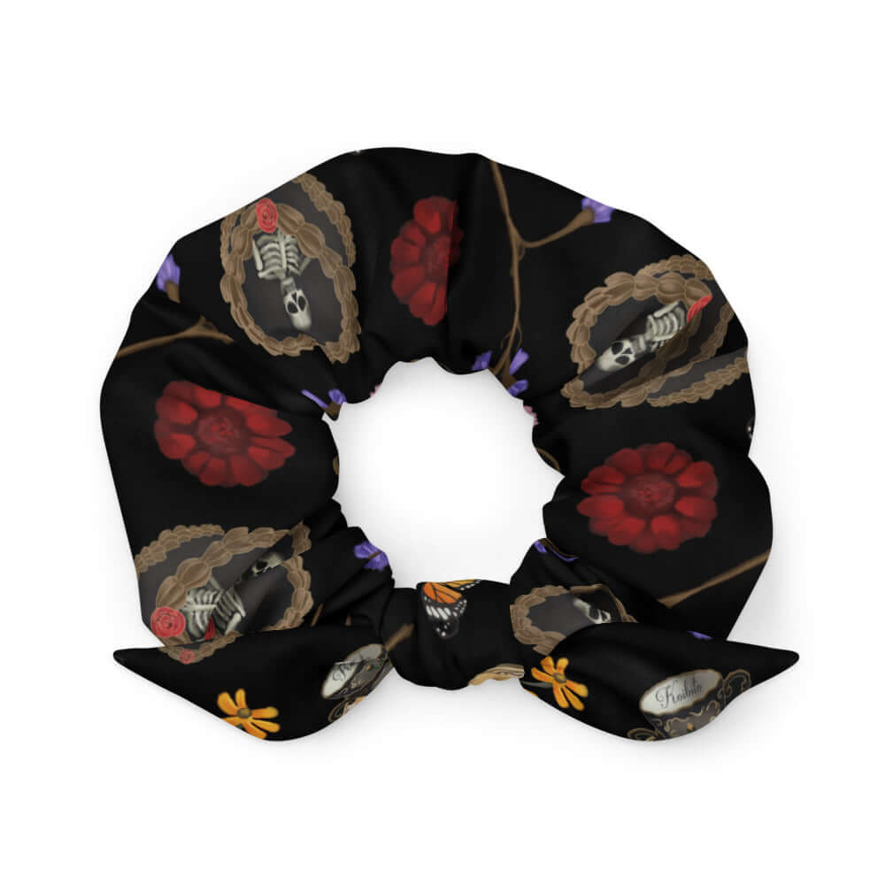 Gothic Tea Time Scrunchie featuring dark floral designs, perfect for your unique style and versatile outfits.