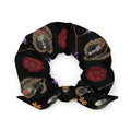 Gothic Tea Time Scrunchie featuring dark floral designs, perfect for your unique style and versatile outfits.