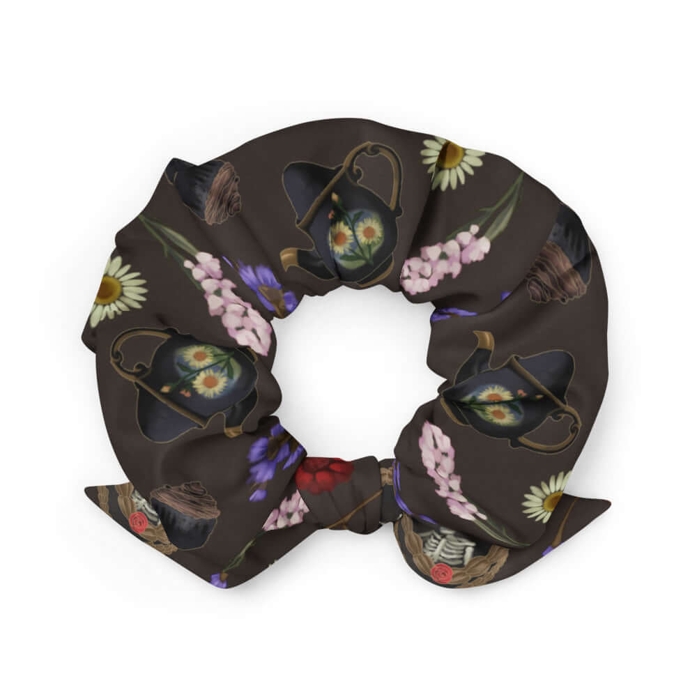 Gothic Tea Time Scrunchie featuring a dark floral design, perfect for unique and stylish hair accessories.