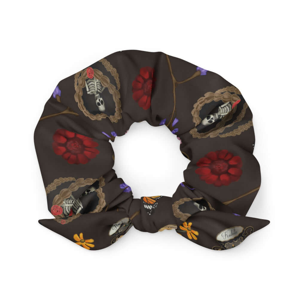 Gothic Tea Time Scrunchie featuring dark floral and skeleton designs, perfect for a stylish, edgy look.