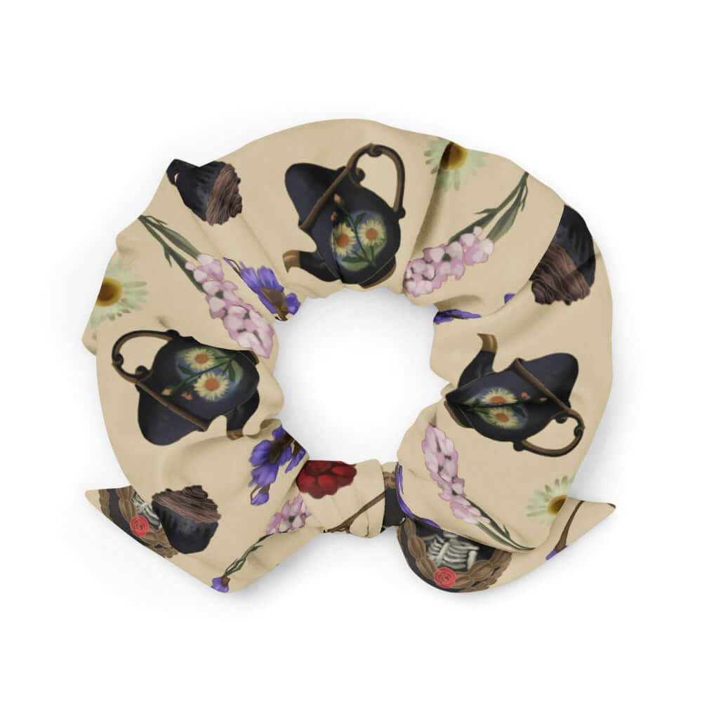 Gothic Tea Time Scrunchie featuring a dark floral design, perfect for a unique, stylish look in any wardrobe.