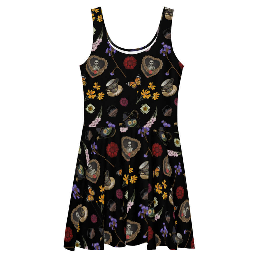Stylish Gothic Tea Time Skater Dress with floral and skull print, perfect for a dark sense of fashion.