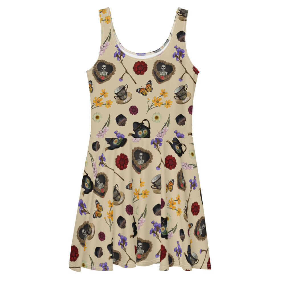 Gothic Tea Time Skater Dress features an elegant flared design with a unique dark floral print, perfect for any occasion.
