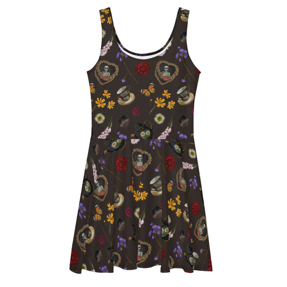 Stylish Gothic Tea Time Skater Dress featuring a whimsical pattern, perfect for a dark sense of style.