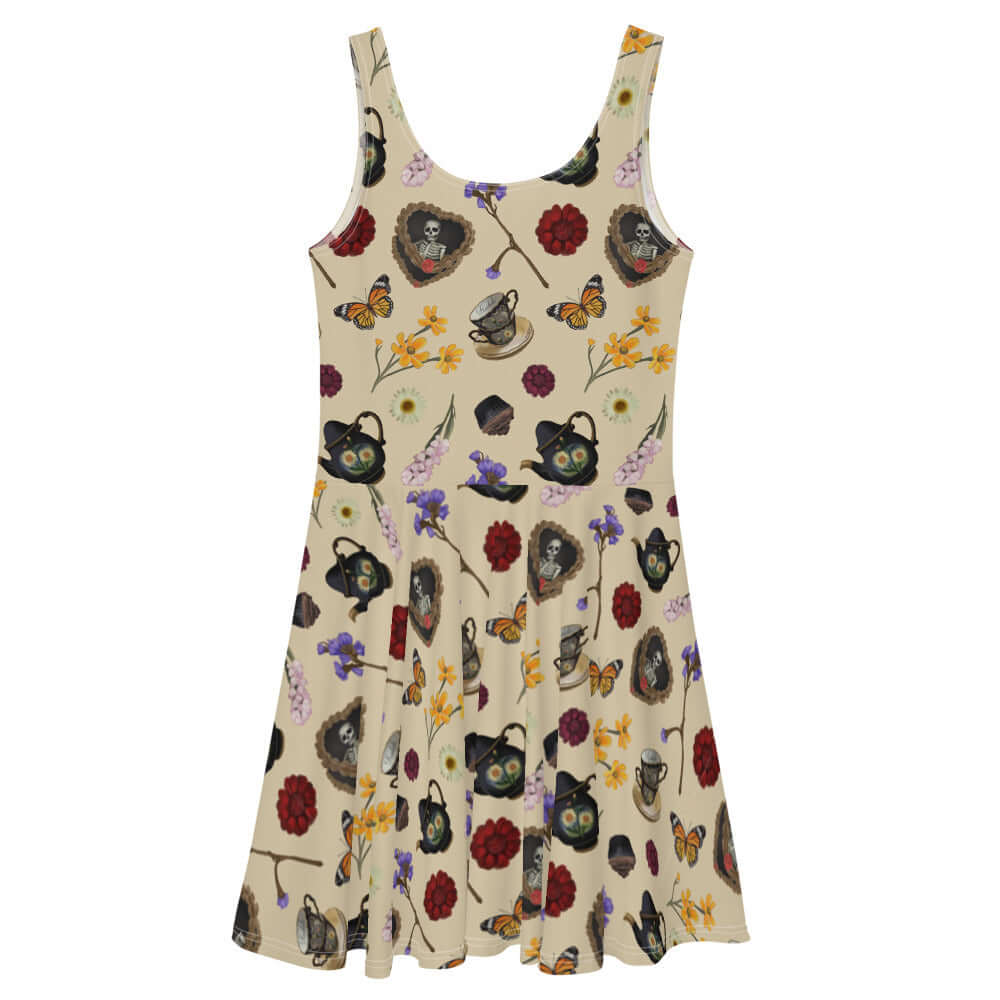 Gothic Tea Time Skater Dress features floral and skull designs, perfect for a unique, dark wardrobe staple.