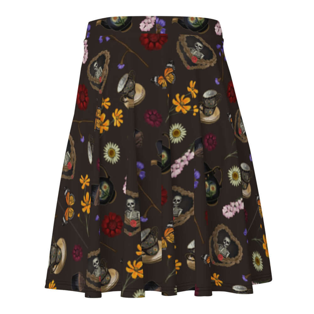 Stylish Gothic Tea Time Skater Skirt featuring a unique floral and skull pattern, perfect for expressing your individuality.