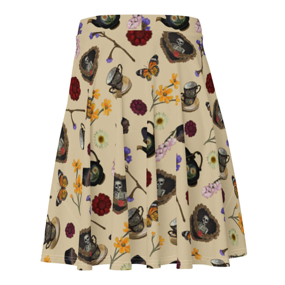 Stylish Gothic Tea Time Skater Skirt features floral and skull designs, perfect for unique summer outfits.