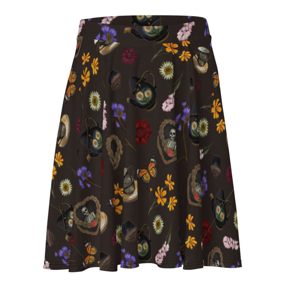 Gothic Tea Time Skater Skirt features a unique floral and skull design, perfect for showcasing your style.