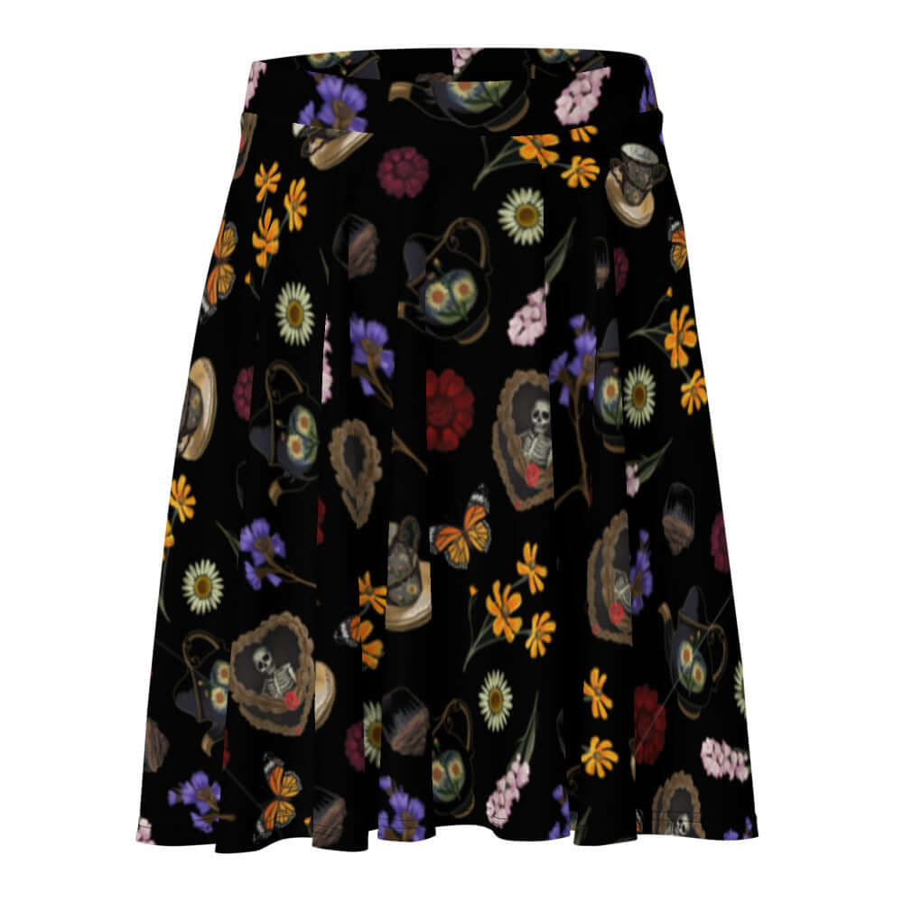 Gothic Tea Time Skater Skirt featuring a unique floral and skull design, perfect for stylish comfort.