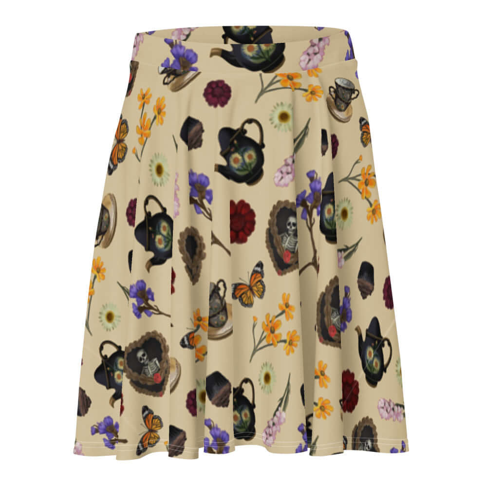 Gothic Tea Time Skater Skirt featuring a whimsical tea-themed design, perfect for a unique and stylish look.