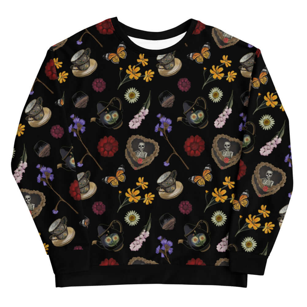 Gothic Tea Time Sweatshirt features a dark, floral design perfect for your next tea time gathering.