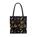 Gothic Tea Time Tote Bag (Black) features a dark floral design, perfect for stylish tea time outings or gym trips.