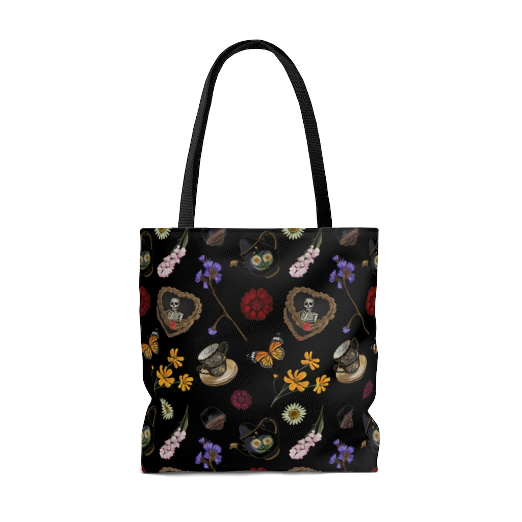 Gothic Tea Time Tote Bag (Black) features a dark floral design, perfect for stylish tea time outings or gym trips.