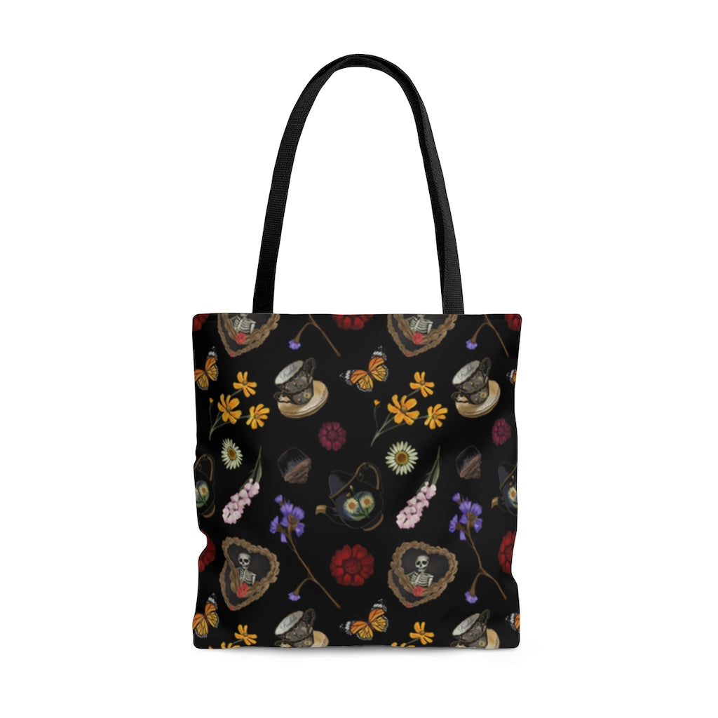 Stylish Gothic Tea Time Tote Bag (Black) featuring intricate designs, perfect for unique tea time gatherings.