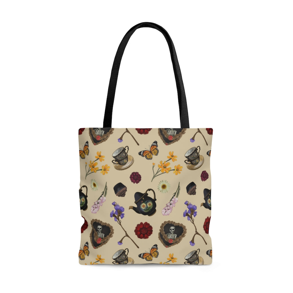 Stylish Gothic Tea Time Tote Bag (Cream) features a unique design, perfect for adding intrigue to your outings.