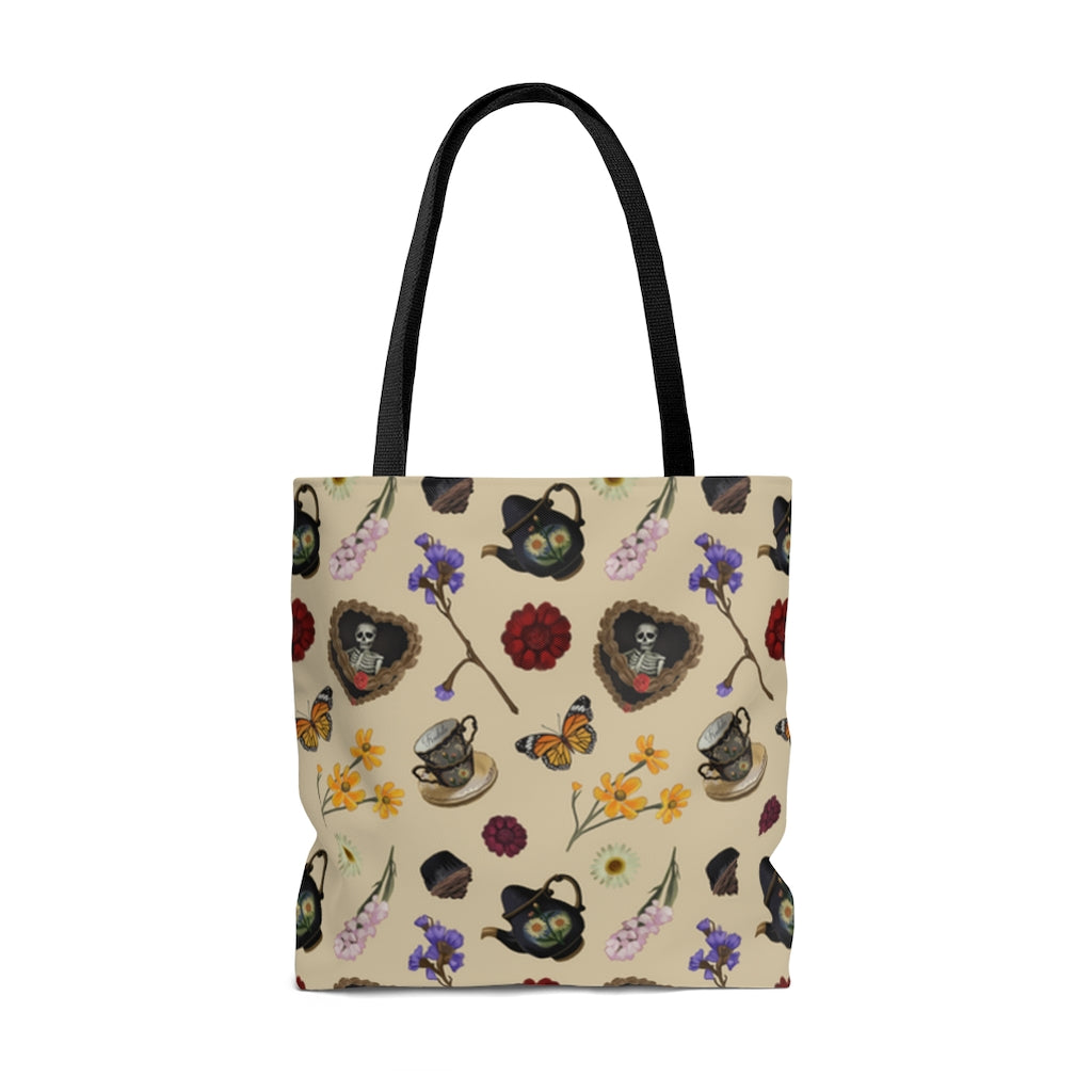 Stylish Gothic Tea Time Tote Bag (Cream) featuring whimsical tea and floral designs, perfect for any outing.