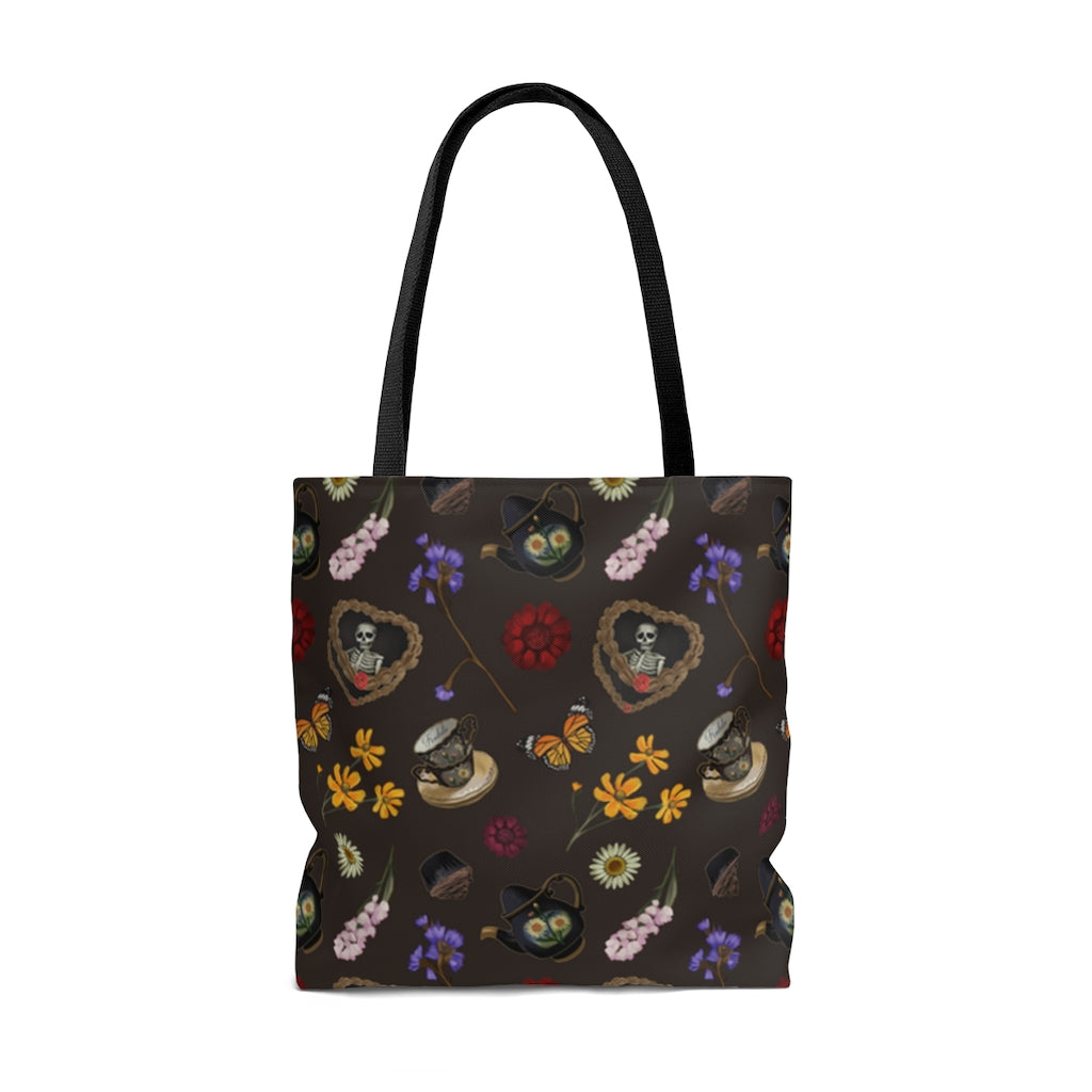 Stylish Gothic Tea Time Tote Bag (Wood Bark) featuring vibrant patterns, perfect for tea time or casual outings.