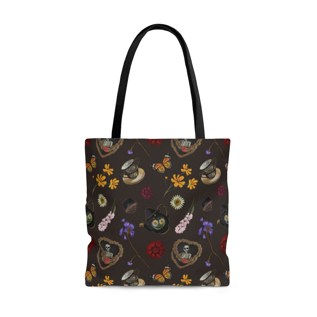 Stylish Gothic Tea Time Tote Bag (Wood Bark) features dark floral designs, perfect for tea time and daily outings.