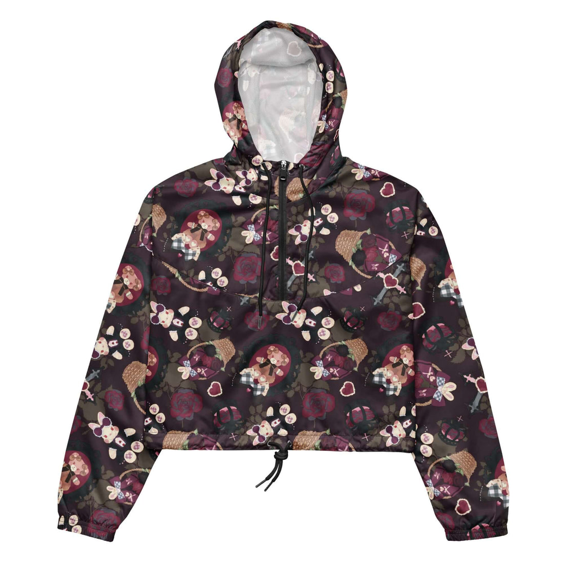 Stylish Gothic Teddy cropped windbreaker, lightweight and waterproof, perfect for any adventure with side pockets and drawcords.