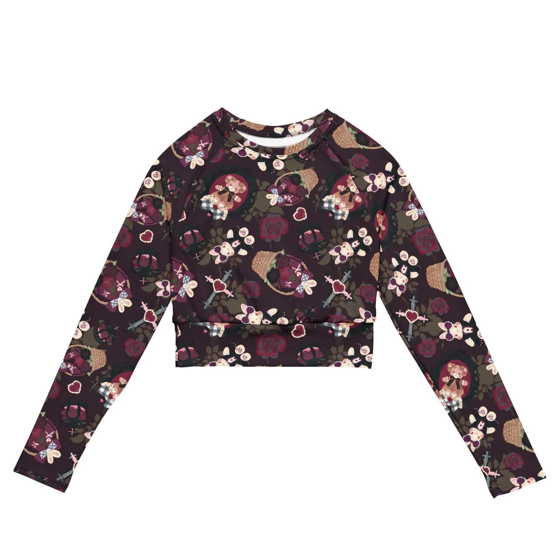 Gothic Teddy Long-sleeved Crop Top features a floral design, perfect for eco-friendly athleisure and casual wear.