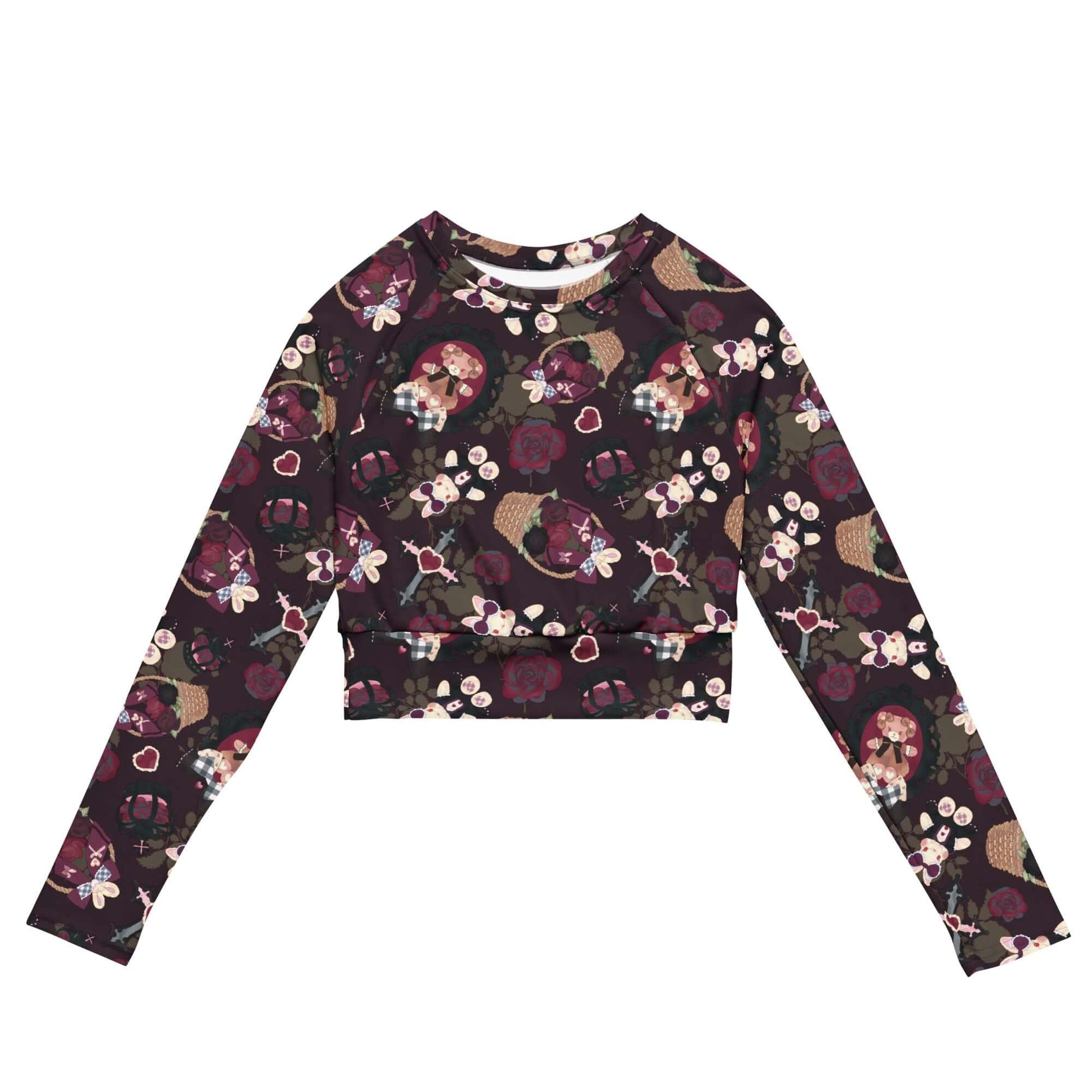 Gothic Teddy Long-sleeved Crop Top features a floral design, perfect for eco-friendly athleisure and casual wear.