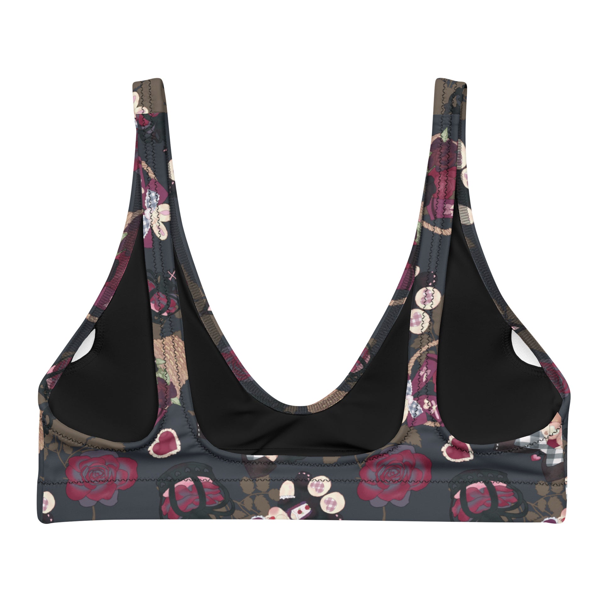 Gothic Teddy Padded Bikini Top features a dark floral design, perfect for mixing and matching this summer.
