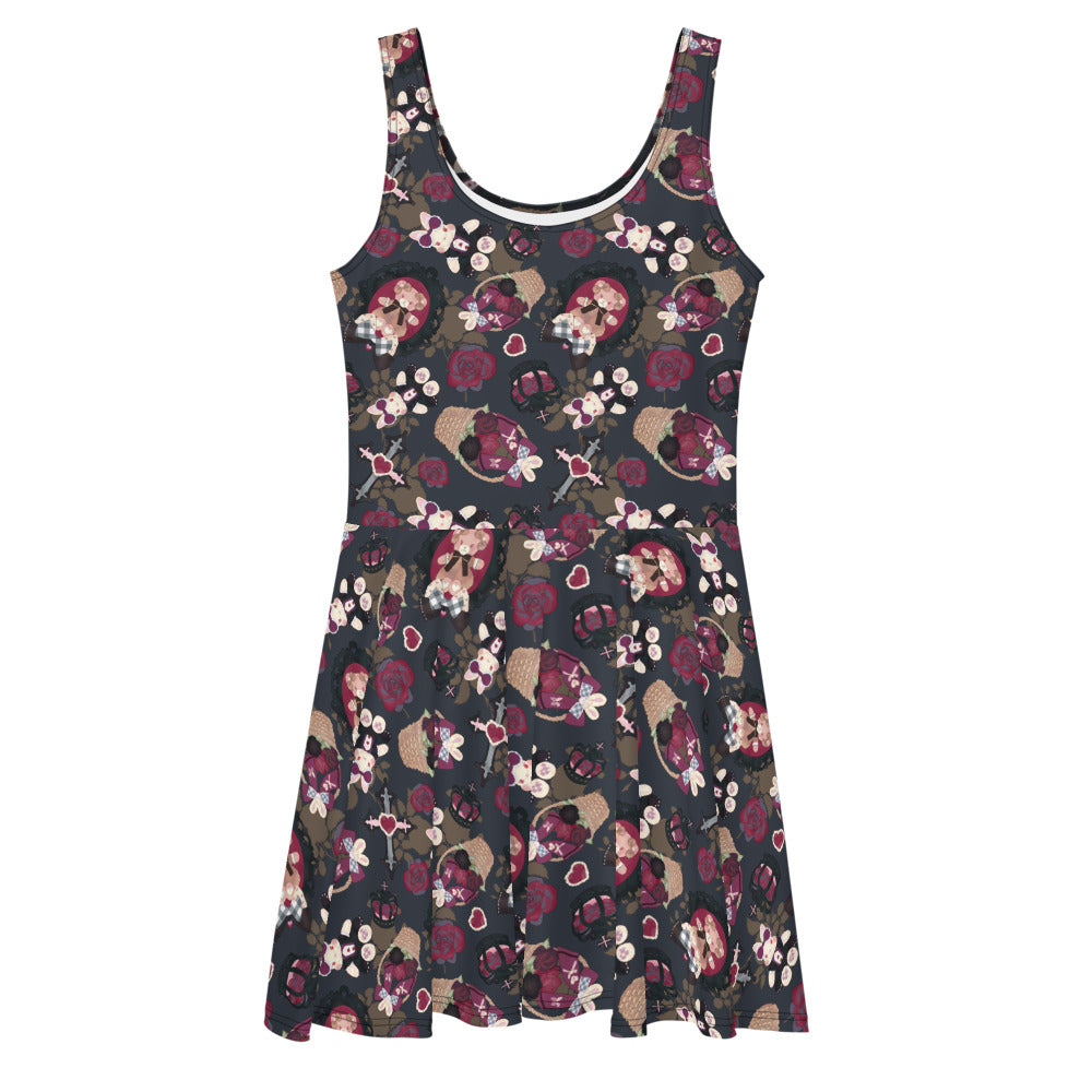 Gothic Teddy Skater Dress features regal motifs and a flared skirt, perfect for a queen's day out.
