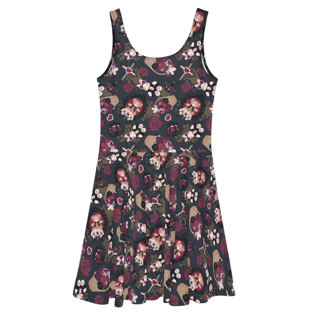 Flared Gothic Teddy Skater Dress features regal motifs, perfect for conquering your day in style and comfort.