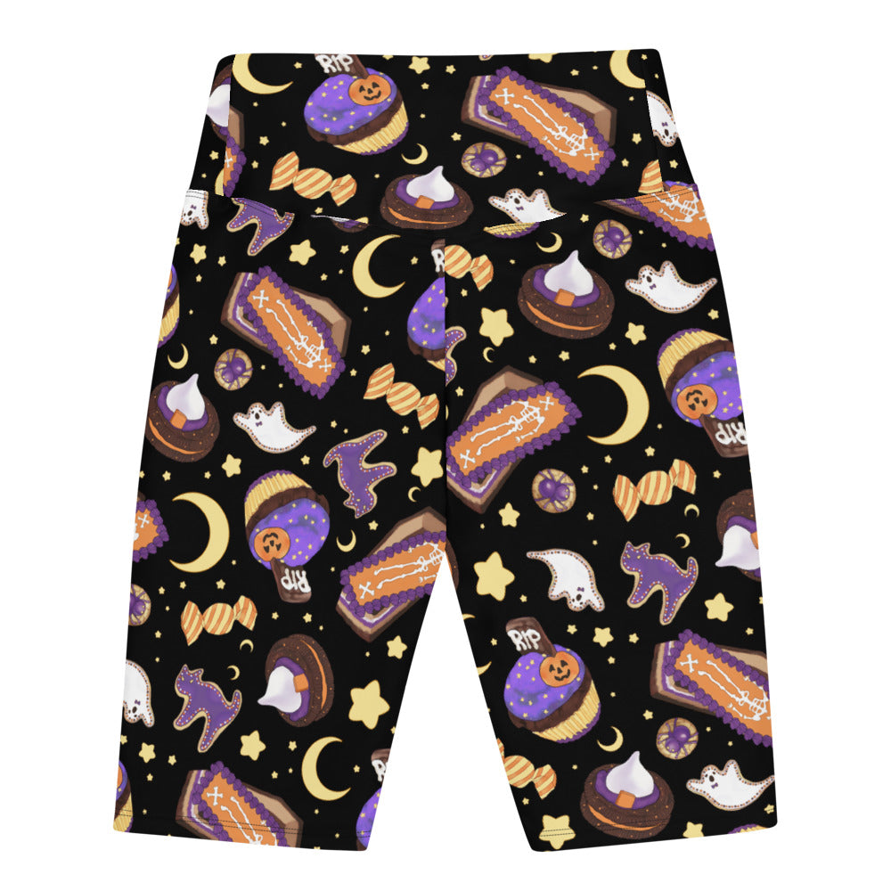 High-waisted Halloween Treat Biker Shorts featuring a fun, spooky print, perfect for gym or casual wear.
