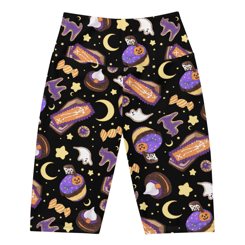 High-waisted Halloween Treat Biker Shorts featuring a fun spooky design, perfect for stylish workouts and festive outfits.