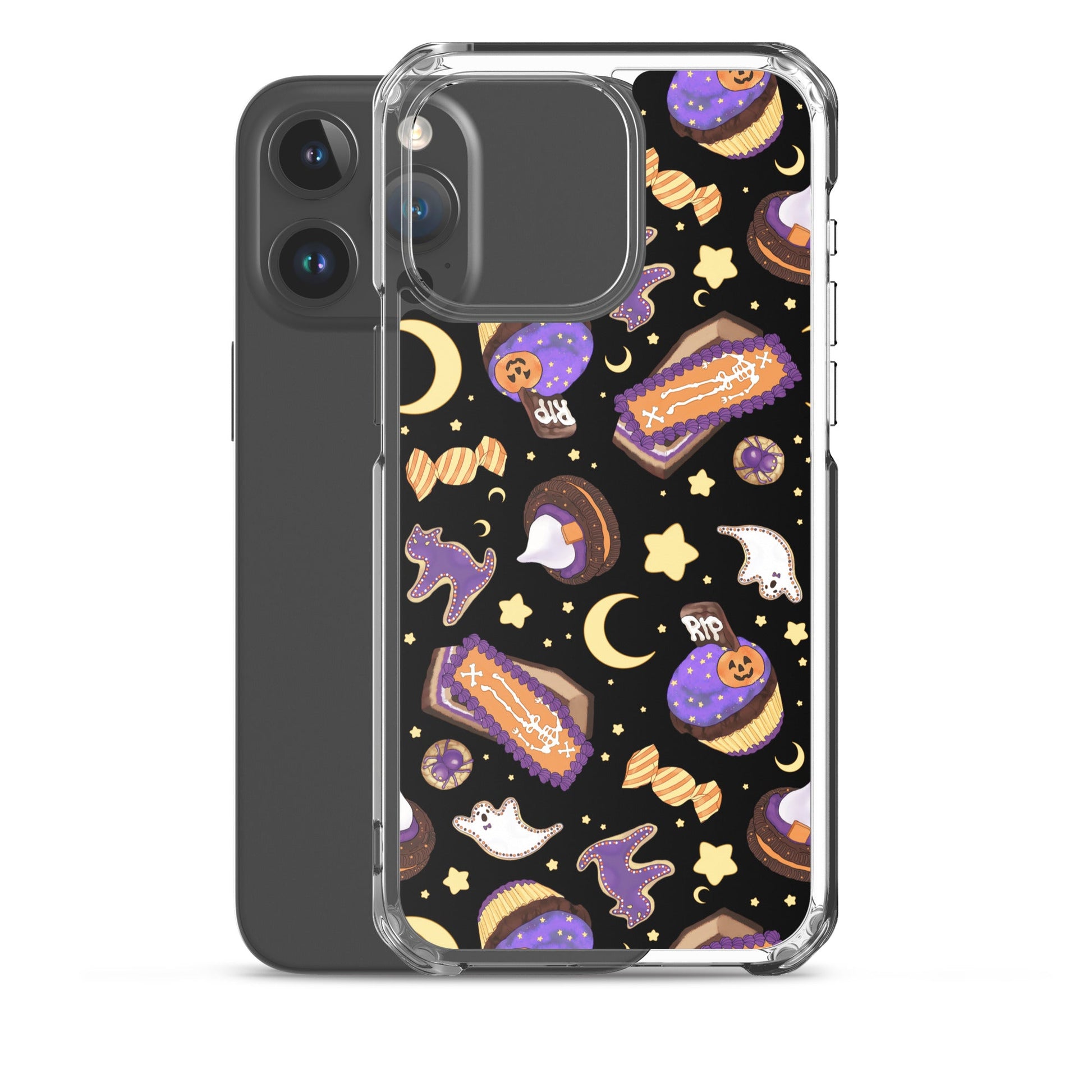 Sleek Halloween Treat iPhone® Clear Case featuring fun spooky designs for stylish protection. Perfect for fall festivities!