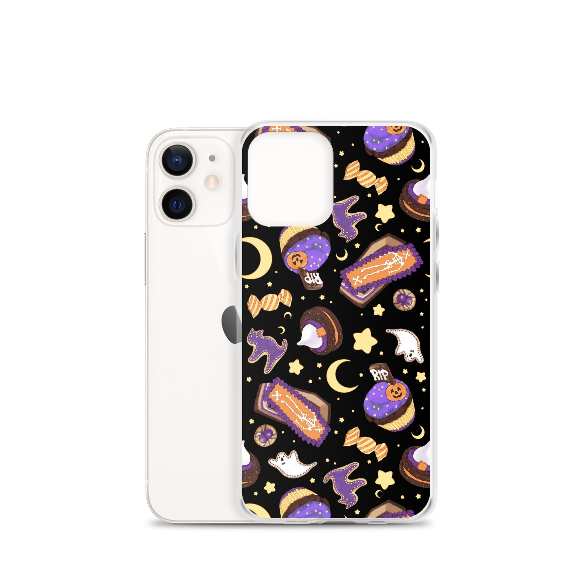 Halloween Treat iPhone® Clear Case featuring playful designs of spooky treats and ghosts, perfect for Halloween fun.