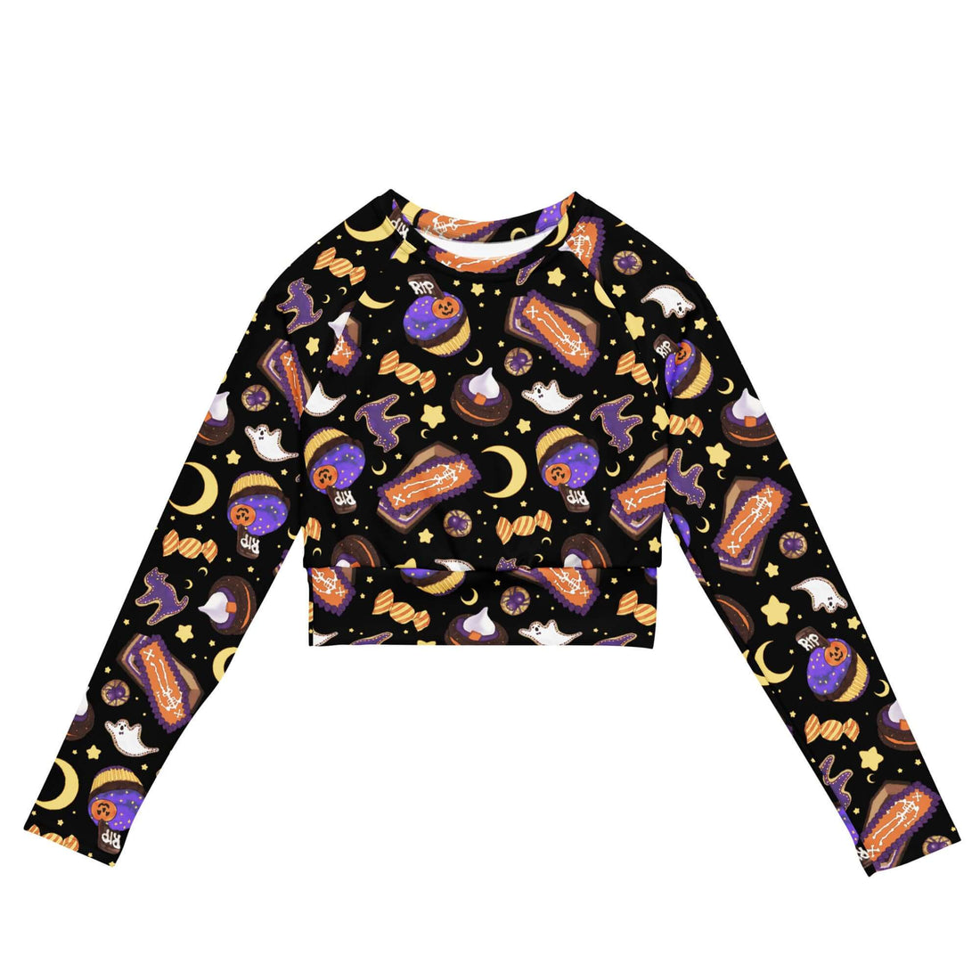 Colorful Halloween Treat Long-sleeved Crop Top featuring festive designs, eco-friendly materials for stylish athleisure.