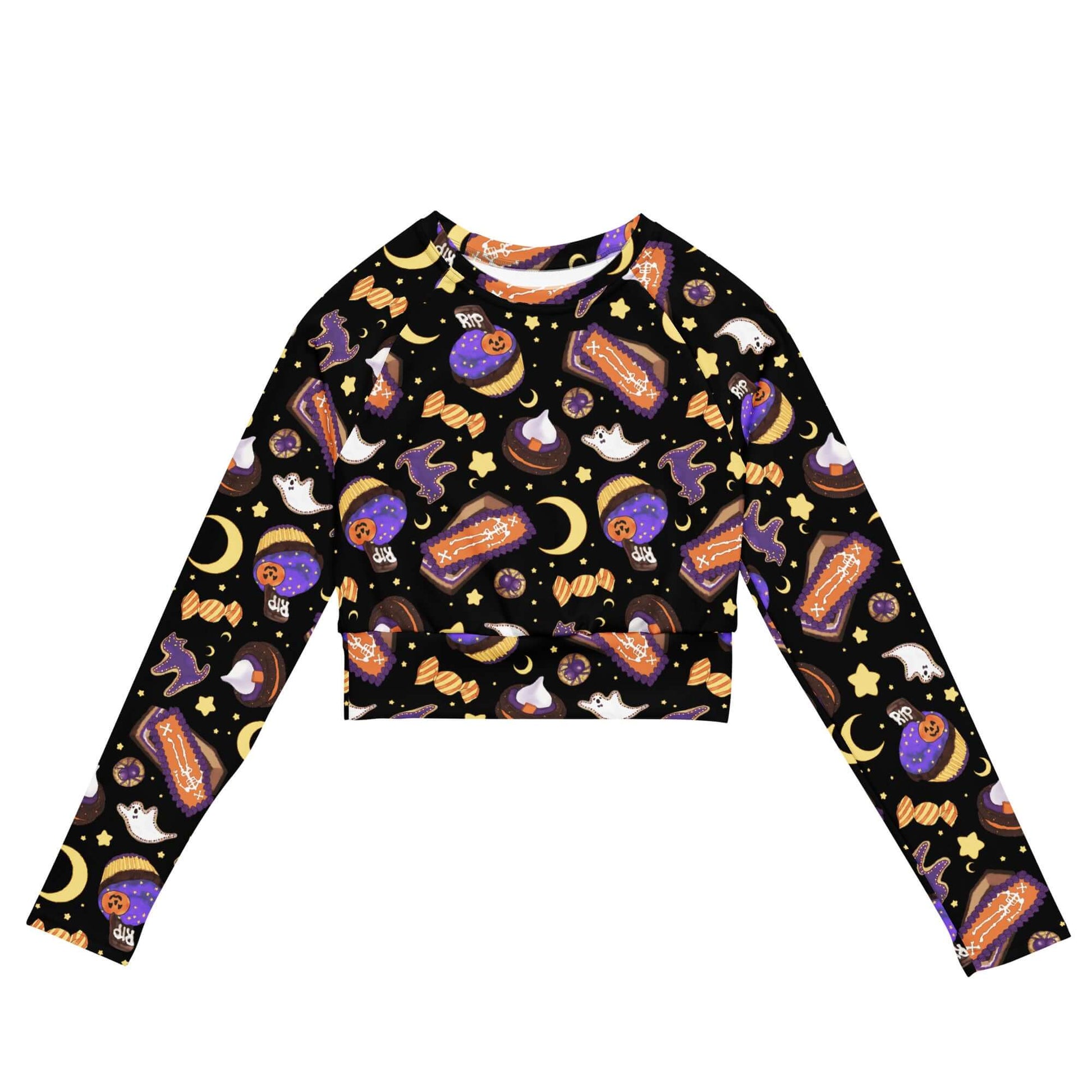 Colorful Halloween Treat Long-sleeved Crop Top featuring festive designs, eco-friendly materials for stylish athleisure.