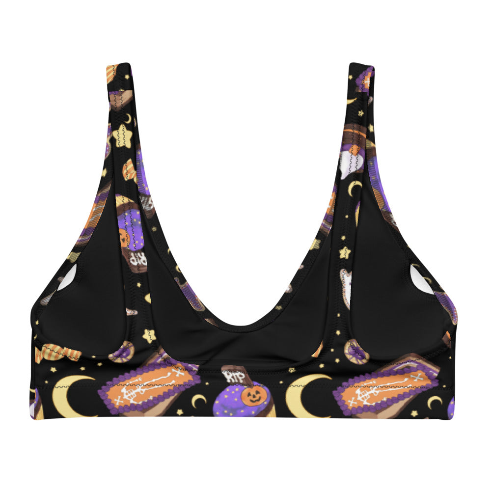 Halloween Treat Padded Bikini Top features a fun, spooky design with sweet treats, perfect for stylish beach days.