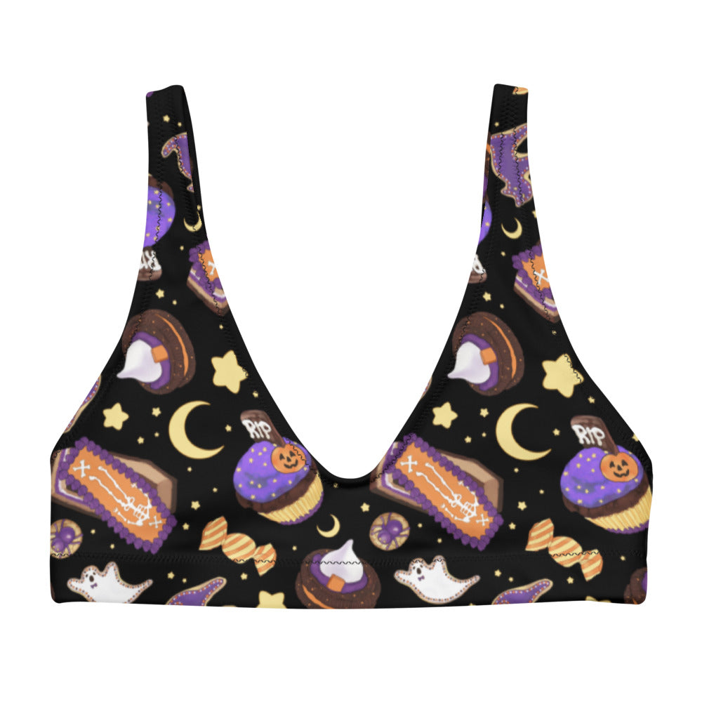 Get festive with the Halloween Treat Padded Bikini Top featuring spooky treats for a fun beach style!