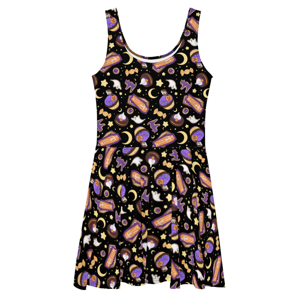 Stylish Halloween Treat Skater Dress with fun prints, flaring skirt, and comfy fabric perfect for festive occasions.