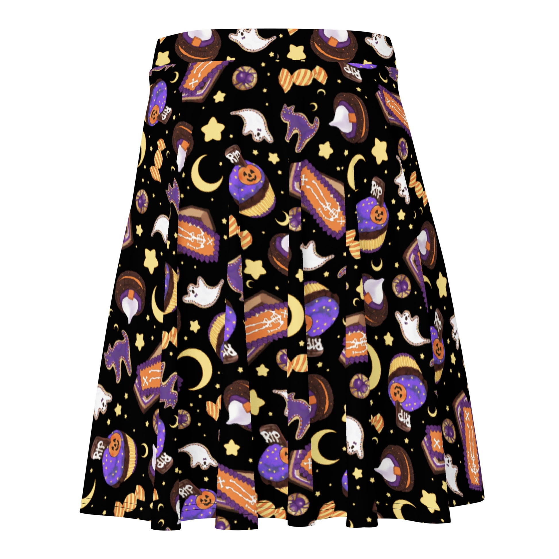 Stylish Halloween Treat Skater Skirt featuring sweet treats and a comfy elastic waistband for all body types.