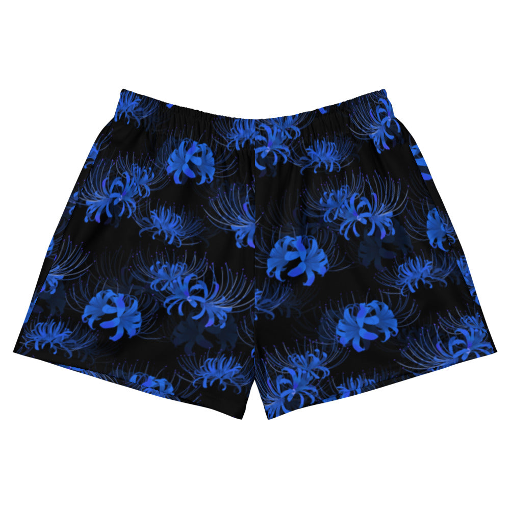 Stylish Higanbana Athletic Short Shorts in blue and black florals, perfect for a chic, comfortable look.