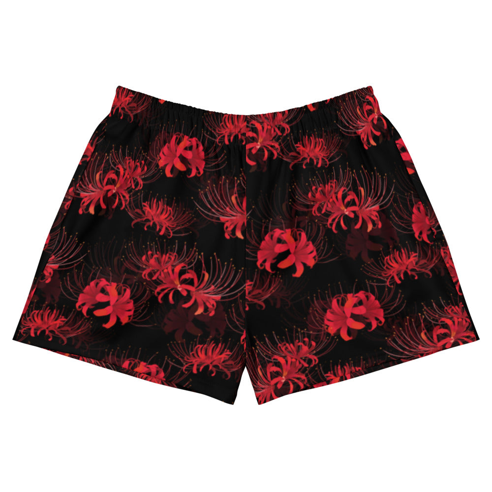 Higanbana Athletic Short Shorts feature a striking red floral design, perfect for the confident femme-fatale look.